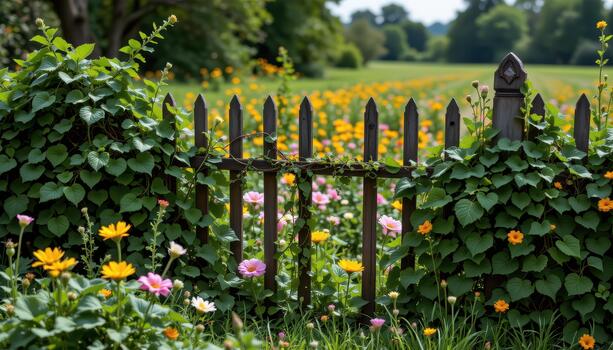 The fence is covered in climbing ivy, contrasting with the colorful flowers that lie beyond, adding a sense of mystery to the hidden field. photo