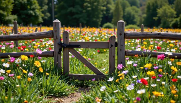 A small wooden gate interrupts the fence, hinting at secret paths into the heart of the flower field, though it remains locked. photo