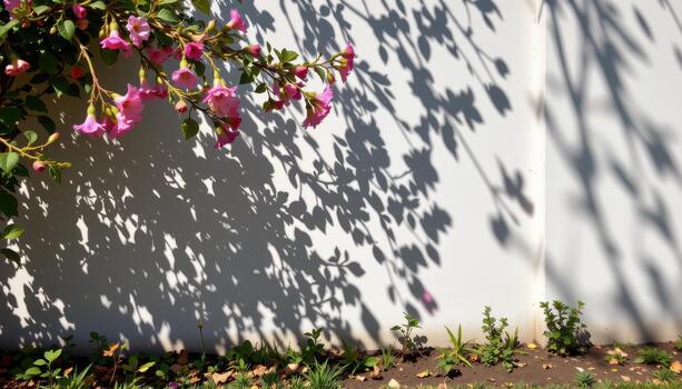 Shadows of swaying flowers stretch across the fence, creating intricate patterns on the path beyond. photo