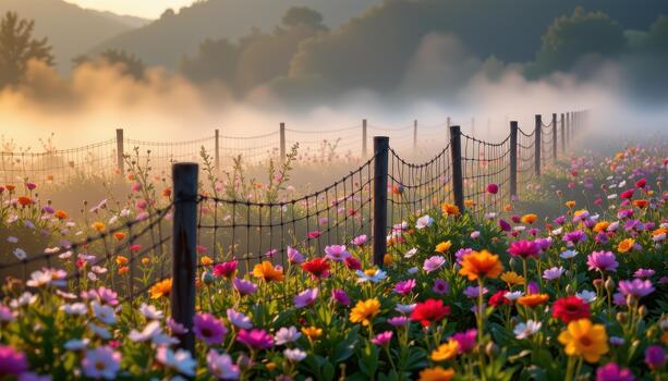 Morning mist rises from the flower field, weaving through the blooms and highlighting the fence that encloses this hidden paradise. photo