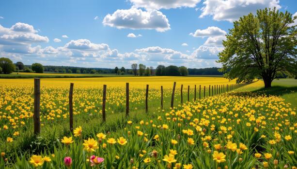 The fence lines the field like a boundary between the mundane world and a secret paradise of color and life. photo