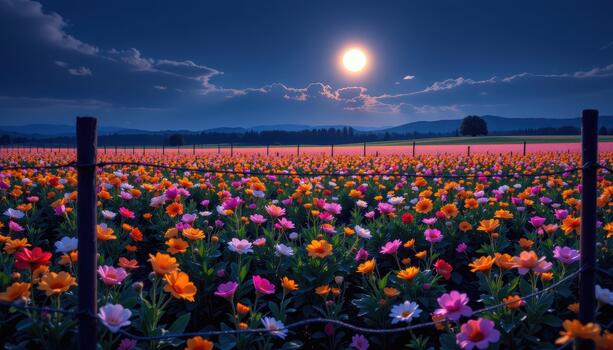 The flower field glows under the moonlight, the fence creating a delicate frame for the nocturnal beauty inside. photo