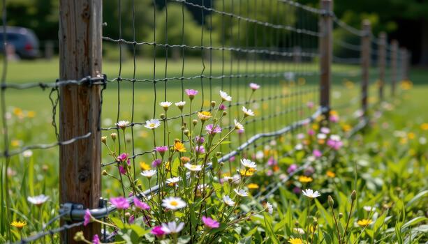 The fence is dotted with wildflowers growing from the base, blurring the line between the cultivated field and the outside world. photo