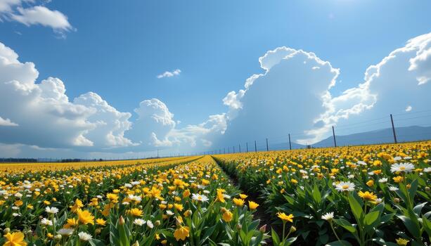 Clouds drift overhead, casting moving shadows across the fenced flower field, shifting the colors in subtle ways. photo