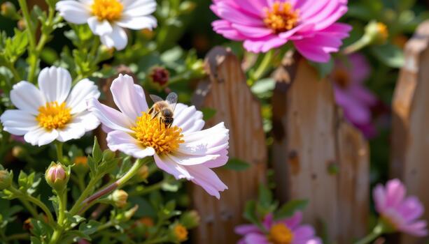 Bees hover near the fence, trying to find a way to reach the flowers, their buzzing blending with the rustle of petals. photo