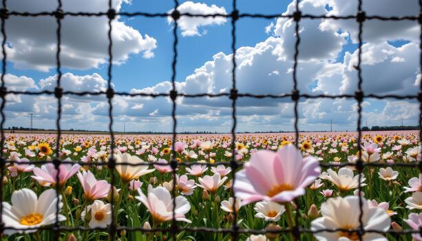 Clouds reflect in the petals of the flowers, visible from outside the fence, making the field look like a painted sky. photo