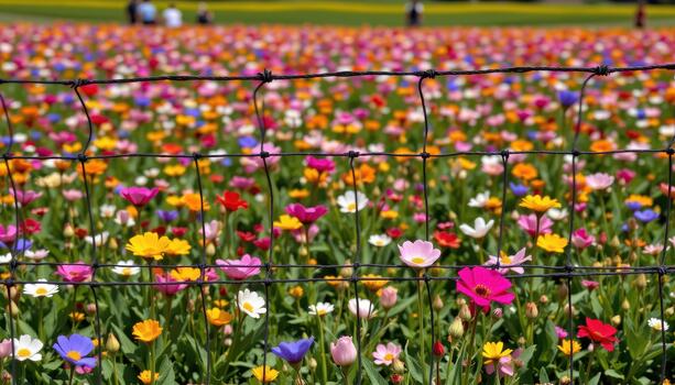 The fence frames the flower field like a natural painting, with each bloom a stroke of vibrant color. photo
