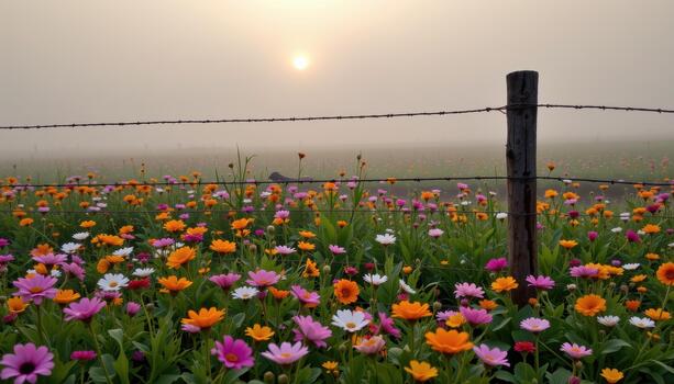 Morning fog hugs the flower field, softening the view from beyond the fence and adding a sense of mystery. photo
