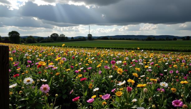 Shadows from clouds drift across the flower field, seen from the fence as a moving patchwork of light and dark. photo