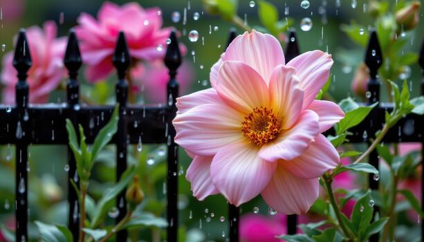 Raindrops fall, bouncing off the fence and splashing onto the petals, creating a symphony of soft sounds. photo