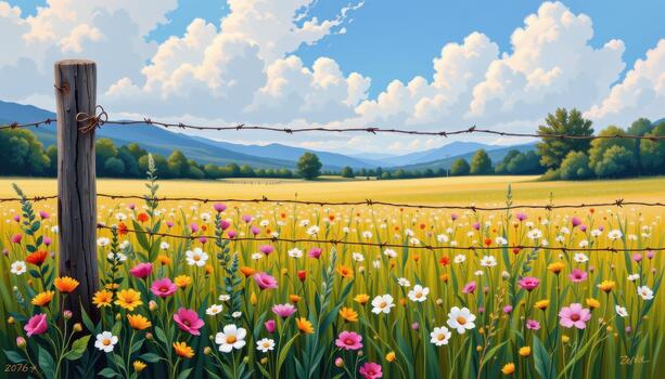 A painter captures the fence as part of the composition, framing the flower field as a scene of natural serenity. photo