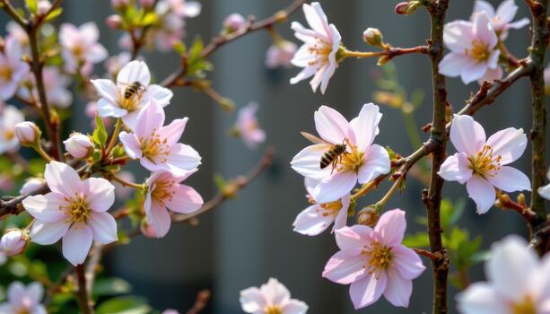 The soft hum of insects fills the air, vibrating through the fence and mingling with the gentle rustle of petals. photo