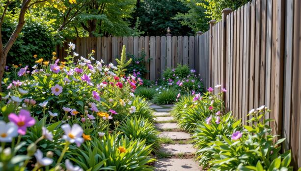 A narrow path leads to the fence, inviting wanderers to pause and enjoy the hidden garden without stepping inside. photo