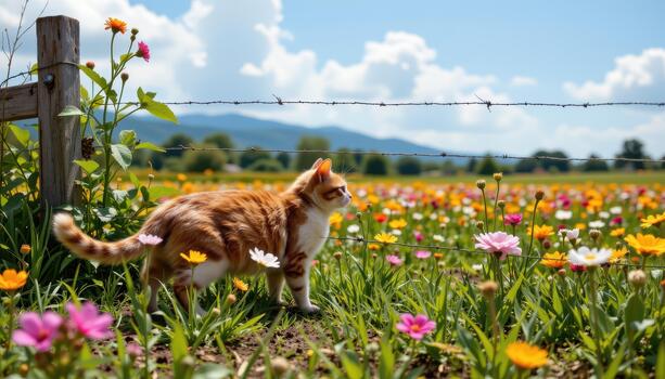 A cat prowls along the fence, tail twitching as it observes the life and color of the flower field beyond. photo