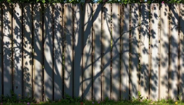 Shadows of trees fall across the fence, merging with the patterns of flowers visible behind it. photo