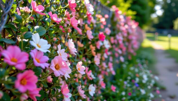 Flowers brush gently against the fence, their movement creating ripples of color visible from the path. photo