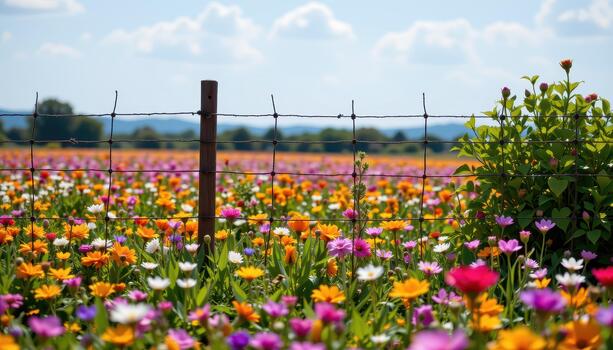 The fence separates the vibrant, living flower field from the ordinary world outside, creating a sense of wonder. photo