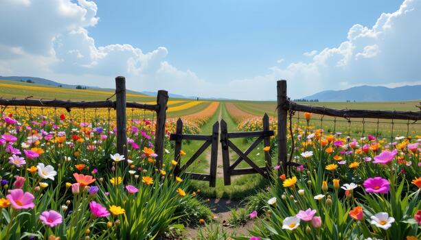 A small gate in the fence remains closed, hinting at secret paths that lead into the heart of the flower field. photo