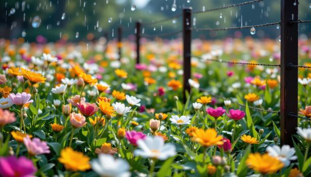 Rain lightly taps the fence, sending vibrations that echo across the flower field, making the petals shimmer. photo