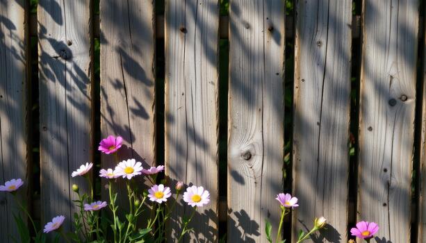 The wooden fence casts intricate shadows over flowers, blending its rustic texture with the delicate beauty inside. photo