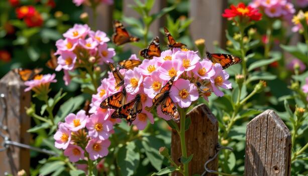 Butterflies cluster on blooms just inside the fence, their wings forming delicate patterns against the vivid backdrop. photo