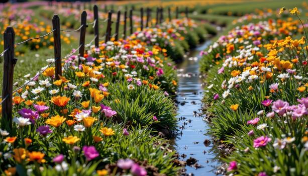 A stream winds along the fence, reflecting the colors of the flowers and adding a shimmering border to the vibrant field. photo