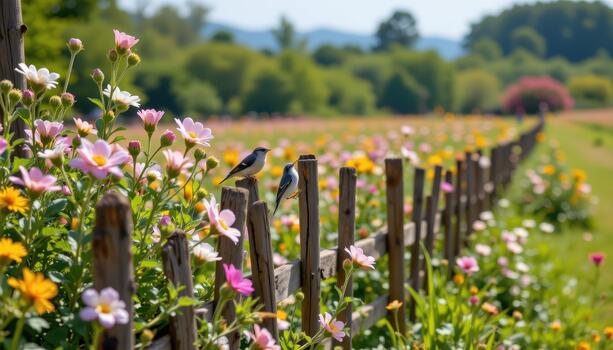 Birds land along the top of the fence, singing to the blooms and making the hidden field feel alive and enchanting. photo
