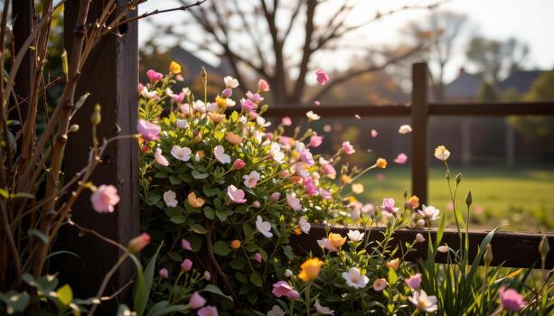 Petals drift through gaps in the fence, carried by the breeze to mingle briefly with the outside world. photo