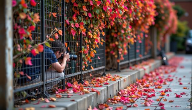 A photographer crouches at the edge of the fence, capturing the vivid hues of petals and leaves from a distance. photo
