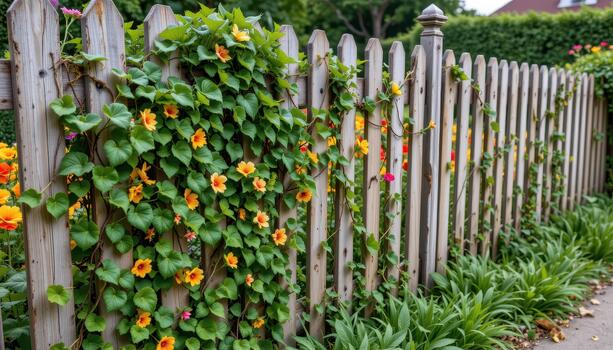 The fence is covered in climbing ivy, its green tendrils intertwining with the vibrant colors of the flower field inside. photo