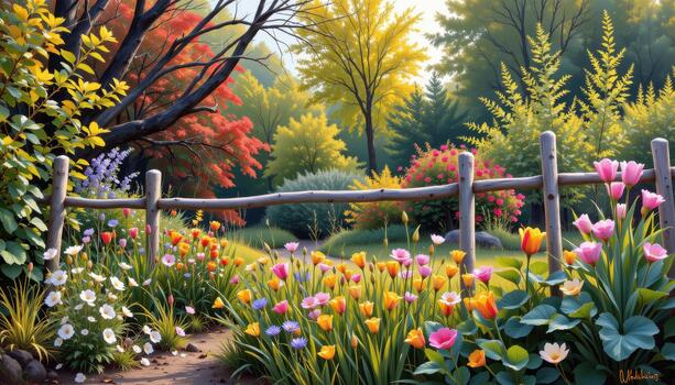 A painter frames the fence in their composition, using the rustic barrier to contrast the lush colors inside. photo