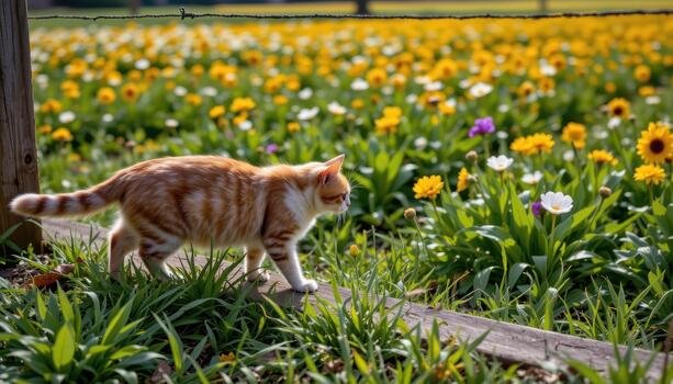 A cat prowls along the fence, intrigued by the life and motion of the flower field beyond. photo