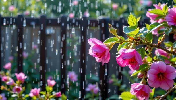 Rain falls softly on the petals, creating sparkling droplets and sending delicate vibrations through the fence. photo