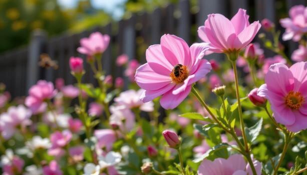 The hum of bees and the rustle of petals create a soft symphony that drifts beyond the fence into the surrounding air. photo