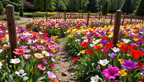 The fence separates the colorful paradise from the ordinary path, giving the flower field an air of mystery. photo