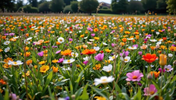 The fence frames the flower field perfectly, highlighting the contrast between the vibrant life within and the calm outside. photo