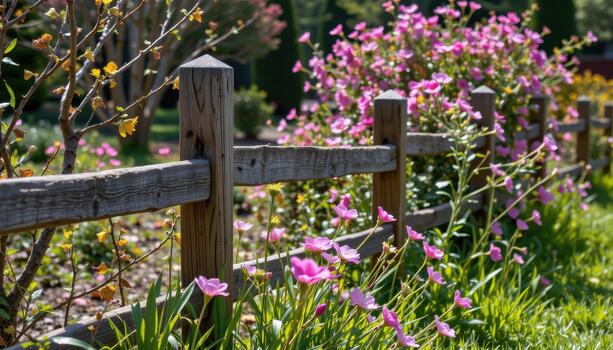 The fence posts creak slightly in the wind, as if whispering stories of the blooms they protect within. photo