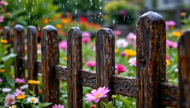 Raindrops splash on the fence, sending vibrations through the wooden posts and across the flowers beyond. photo