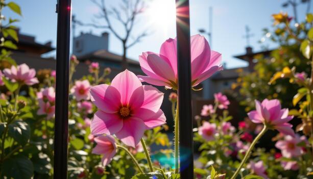 Sunlight glints off the flowers through the fence, making the petals appear almost luminous from the outside. photo