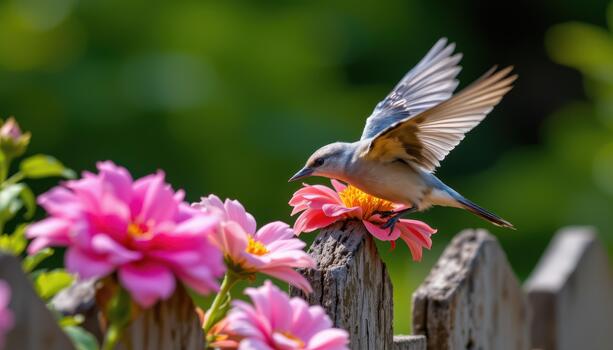 Birds swoop low over the flowers, occasionally brushing the tips of petals while perched on the fence. photo