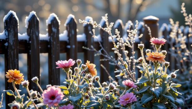 The first frost of winter glistens on the fence and flowers, creating a sparkling wonderland just beyond reach. photo