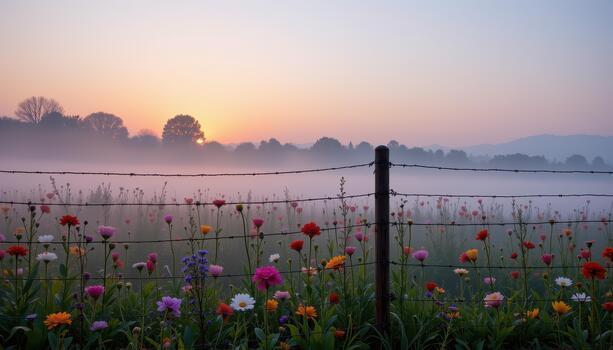 Morning mist curls through the fence, softening the view and adding a dreamlike quality to the flower field. photo
