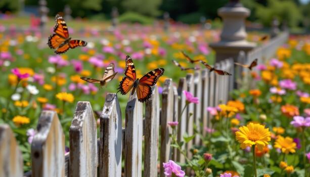 Butterflies land on the fence, hovering momentarily before darting back to the colorful field within. photo