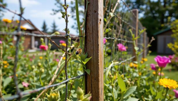Bees buzz around the fence posts, exploring the barrier as if checking for a way inside the garden. photo