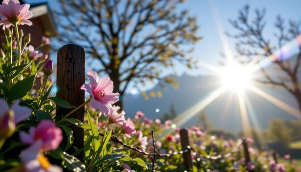 Morning sunlight catches dew on petals and fence posts, turning the entire scene into a sparkling spectacle. photo