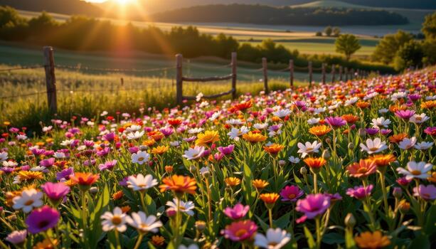 The flower field glows under the afternoon sun, the fence adding a rustic charm to the picturesque scene. photo