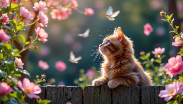 A cat watches silently from the fence, fascinated by the flutter of wings and petals beyond. photo