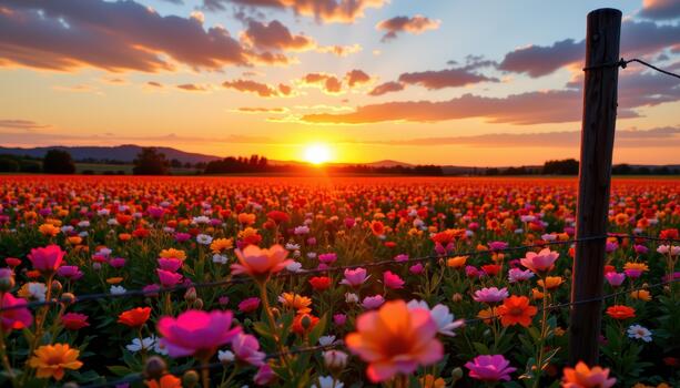 The flower field glows in the sunset, the fence framing the scene like a masterpiece of color. photo