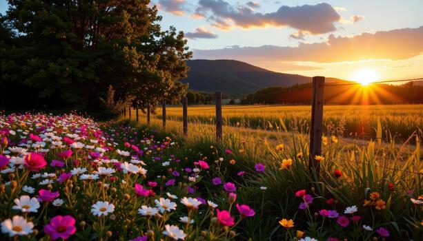 Evening falls, casting golden light on the flower field while the fence stands as a protective guardian. photo