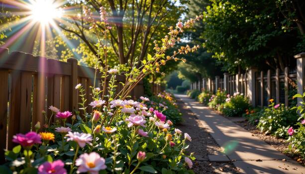 Sunlight filters through the fence, creating dappled patterns on flowers and pathways beyond. photo